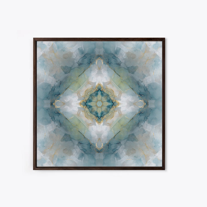 Mandala with Soft Gold and Indigo Symmetry Framed Canvas Print, Meditation Art, Zen Wall Art, Living Room Decor, Stillness, MED-1x1-2