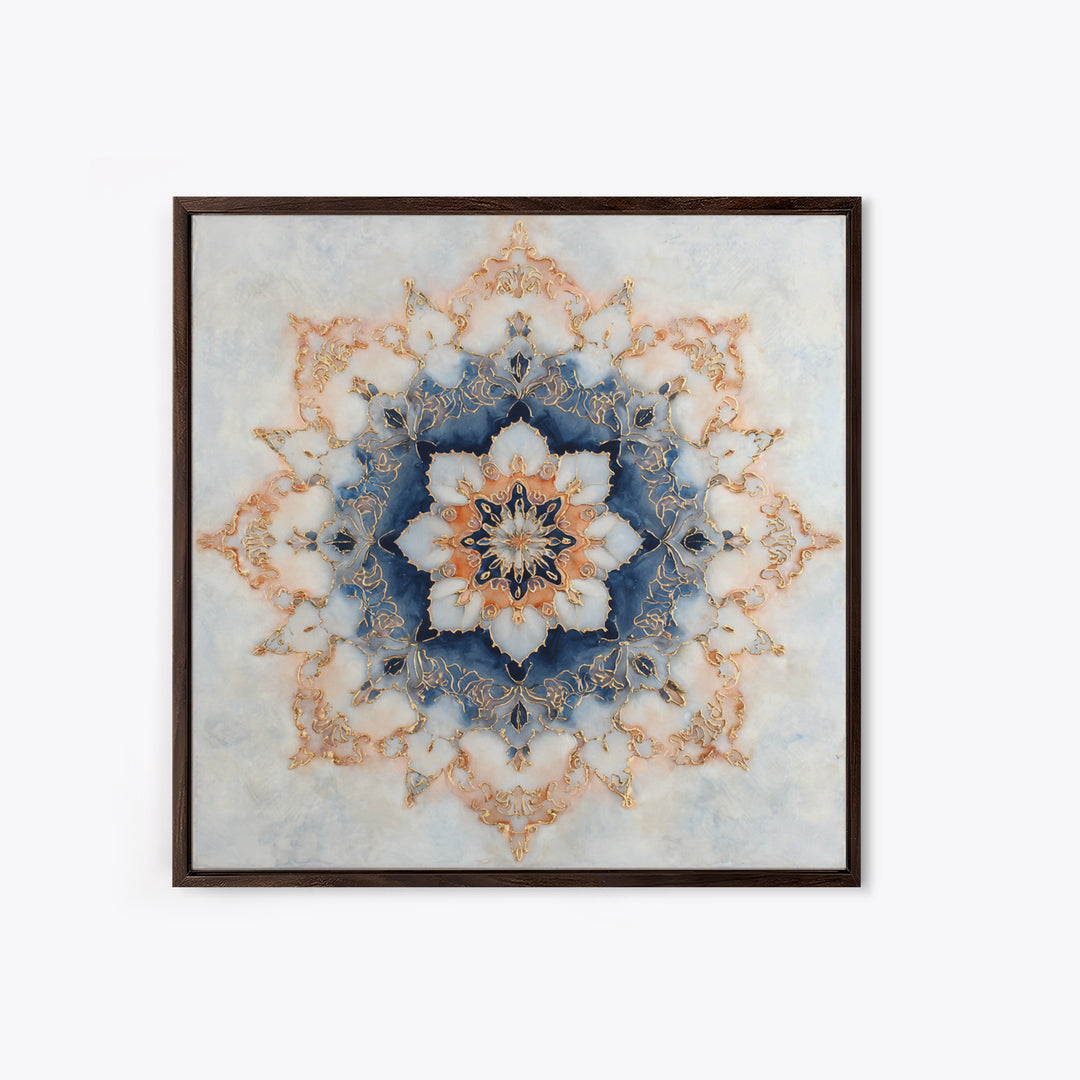 Mandala with Soft Gold and Indigo Symmetry Canvas Print, Meditation Art, Printable Artwork, Living Room Decor, Stillness, MED-1x1-26