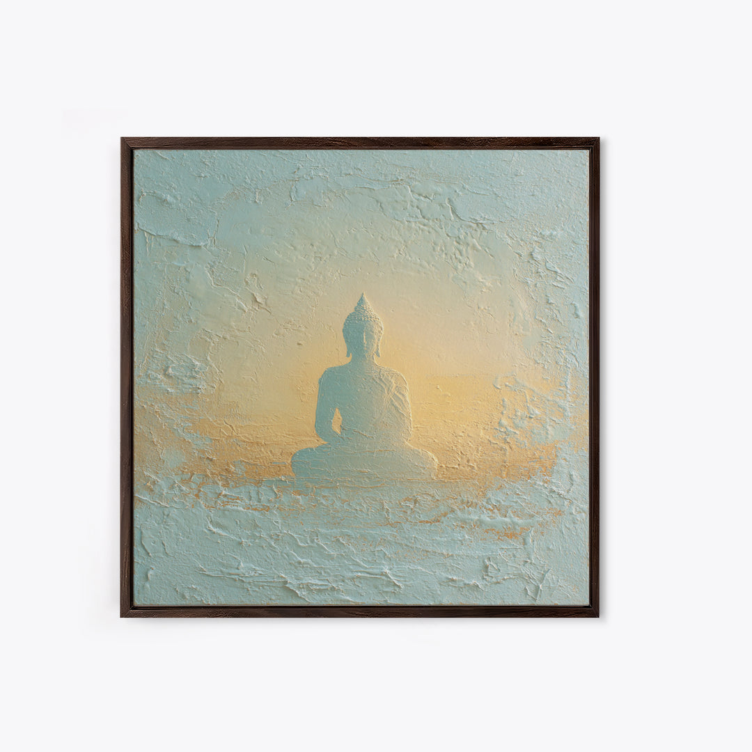 Buddha Silhouette Surrounded by Warm Light Canvas Print, Meditation Art, Neutral Wall Art, Living Room Decor, Stillness, MED-1x1-31
