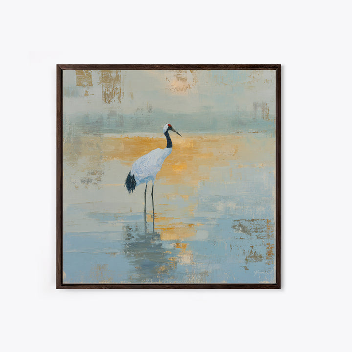 White Crane in Quiet Morning Mist Framed Canvas Print, Meditation Art, Art Print, Living Room Decor, Fine Art, Stillness, MED-1x1-40