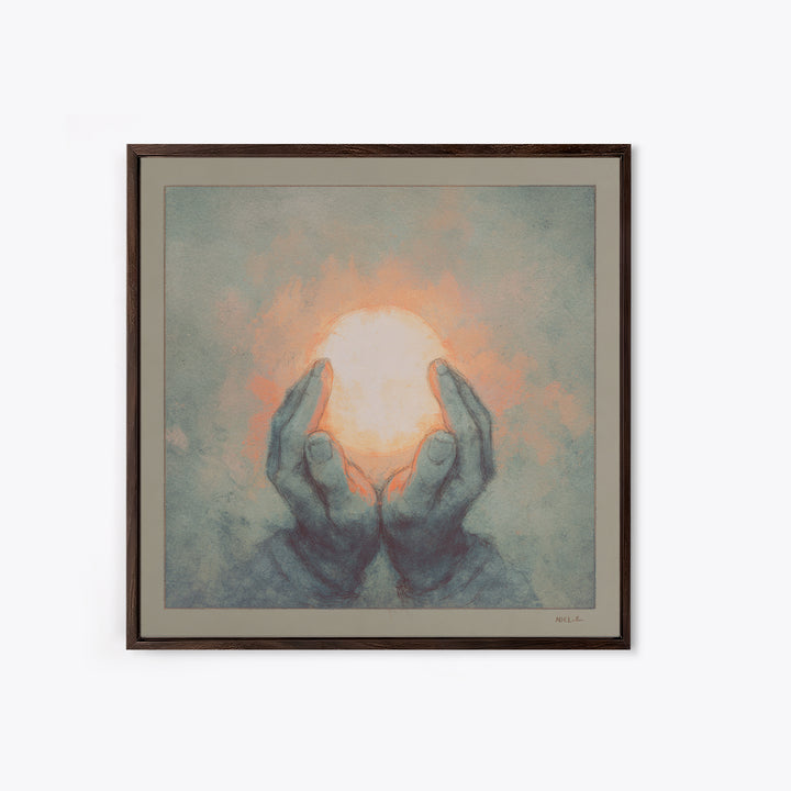 Hands Holding a Tiny Glowing Sun Canvas Print, Meditation Art, Contemporary Art, Living Room Decor, Fine Art, Stillness, MED-1x1-60