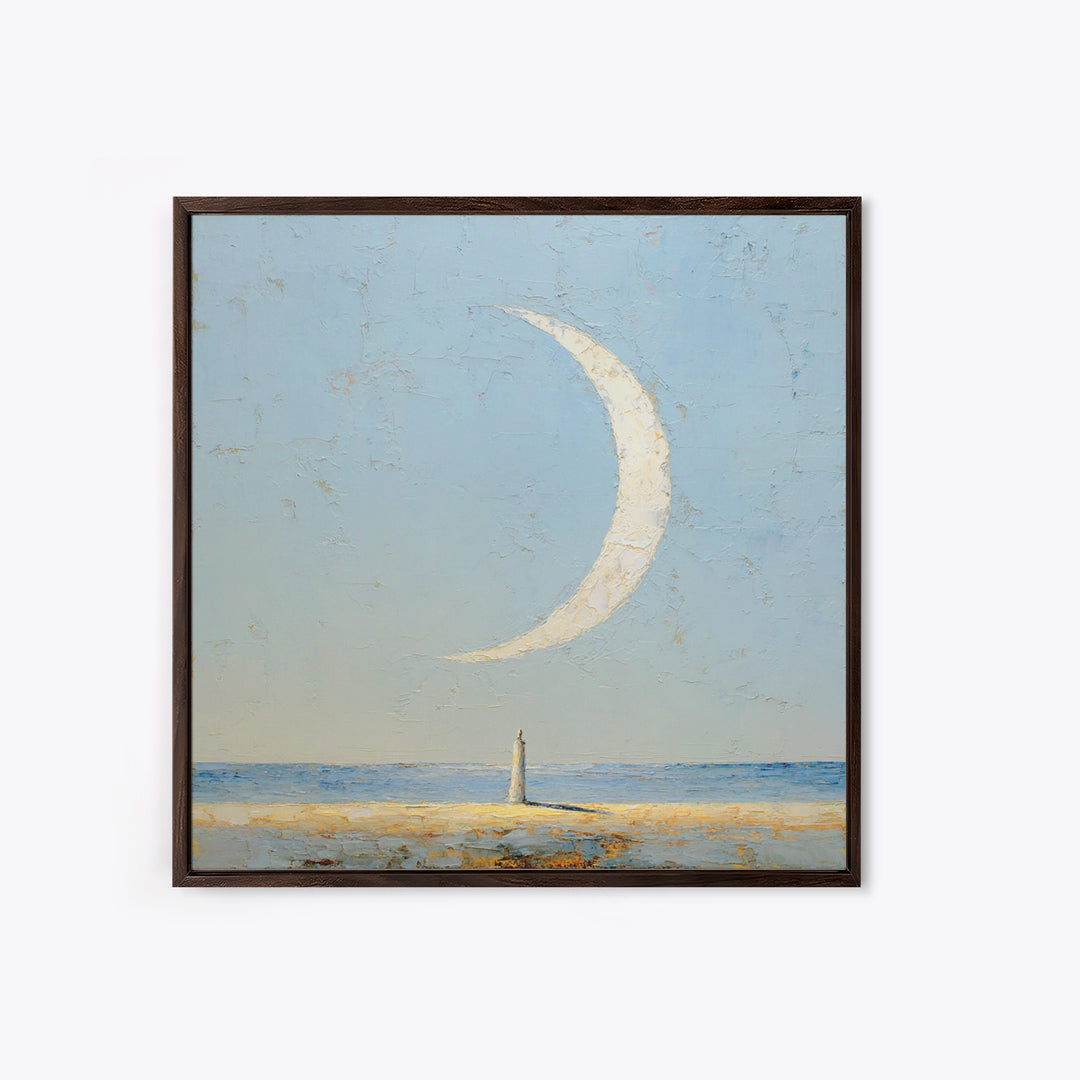 Single Seated Figure Beneath a Crescent Moon Canvas Print, Meditation Art, Statement Artwork, Living Room Decor, Stillness, MED-1x1-75