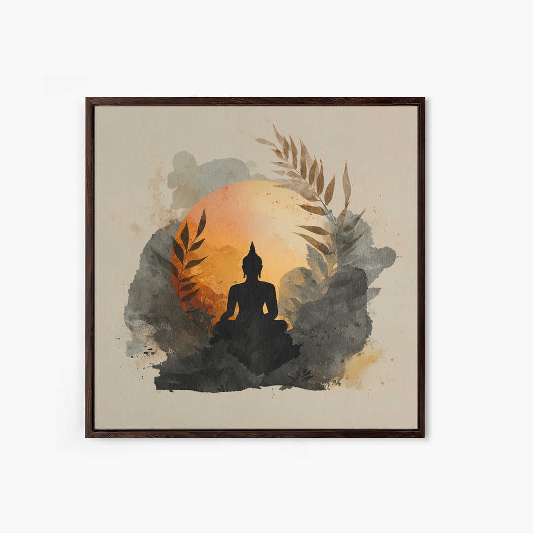 Buddha Silhouette Surrounded by Warm Light Framed Canvas Print, Meditation Art, Boho Decor, Living Room Decor, Oil Painting, MED-1x1-79