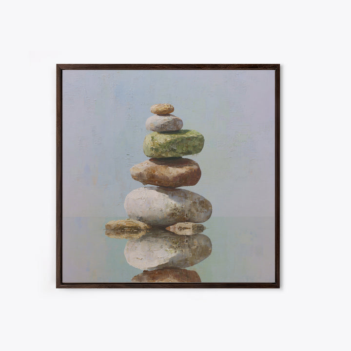 Floating Stones Balanced Above Calm Water Framed Canvas Print, Meditation Art, Digital Print, Living Room Decor, Stillness, MED-1x1-8
