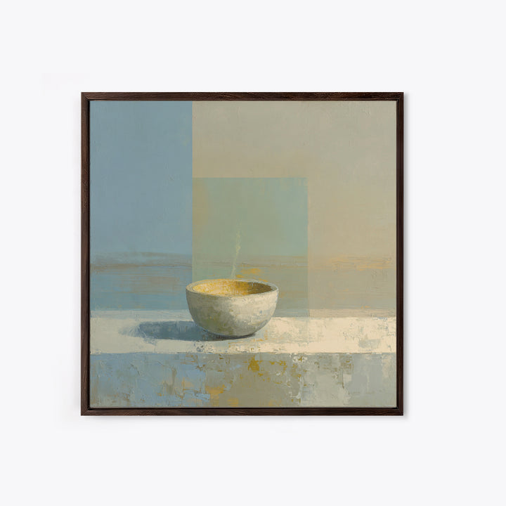 Tea Bowl and Steam Framed Canvas Print, Meditation Art, Wall Art, Living Room Decor, Oil Painting, Stillness, Boho Wall Decor, MED-1x1-93