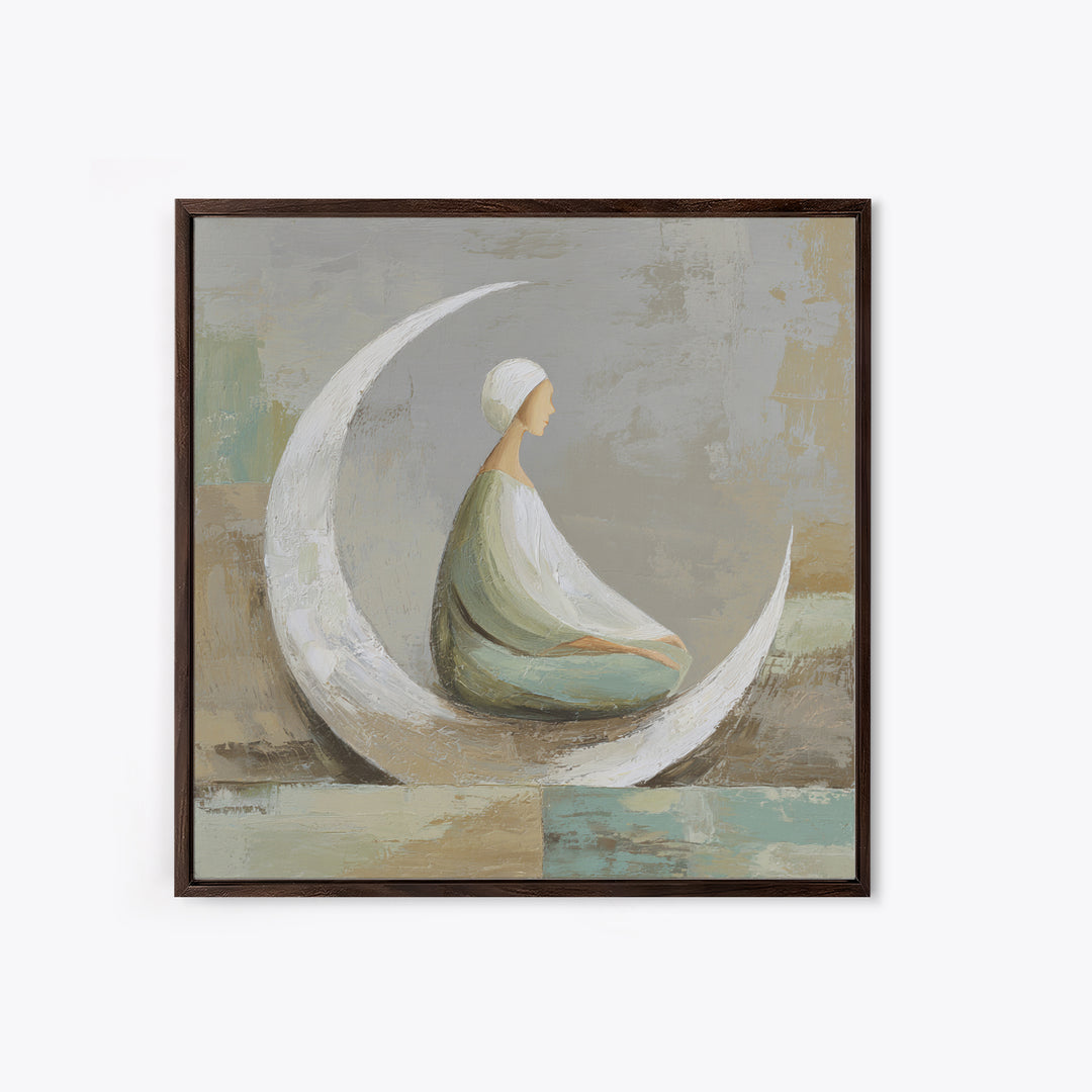 Single Seated Figure Beneath a Crescent Moon Canvas Print, Meditation Art, Digital Wall Art, Living Room Decor, Stillness, MED-1x1-99