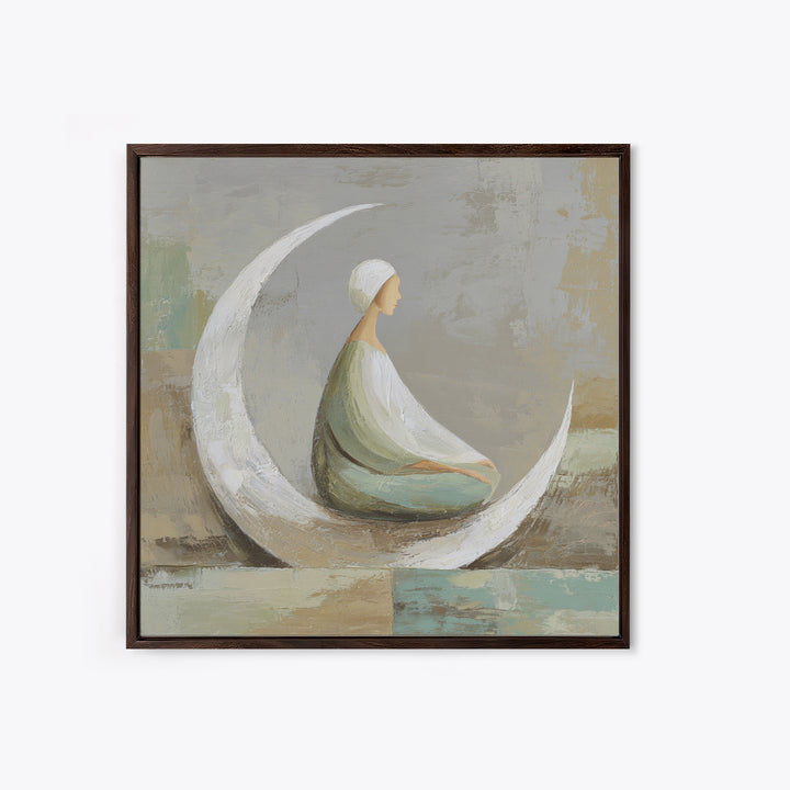 Single Seated Figure Beneath a Crescent Moon Canvas Print, Meditation Art, Digital Wall Art, Living Room Decor, Stillness, MED-1x1-99