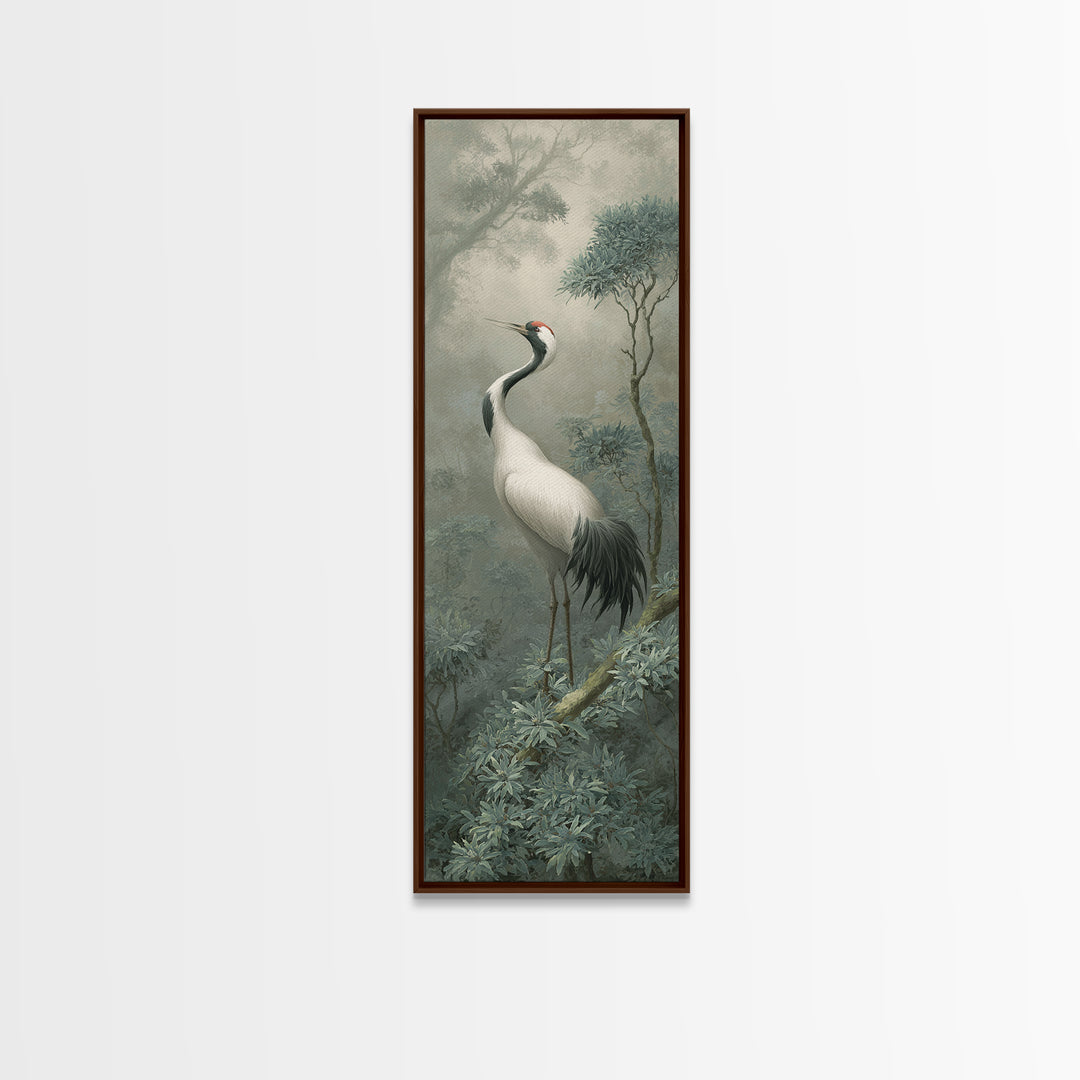 White Crane in Quiet Morning Mist Framed Canvas Print, Meditation Art, Abstract Wall Art, Living Room Decor, Stillness, MED-1x3-52