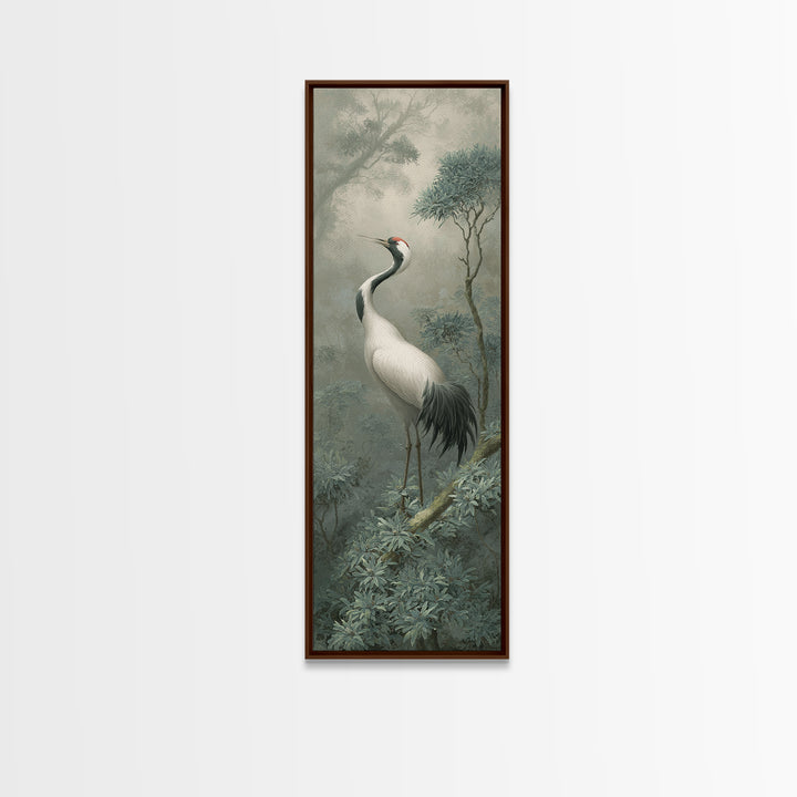 White Crane in Quiet Morning Mist Framed Canvas Print, Meditation Art, Abstract Wall Art, Living Room Decor, Stillness, MED-1x3-52