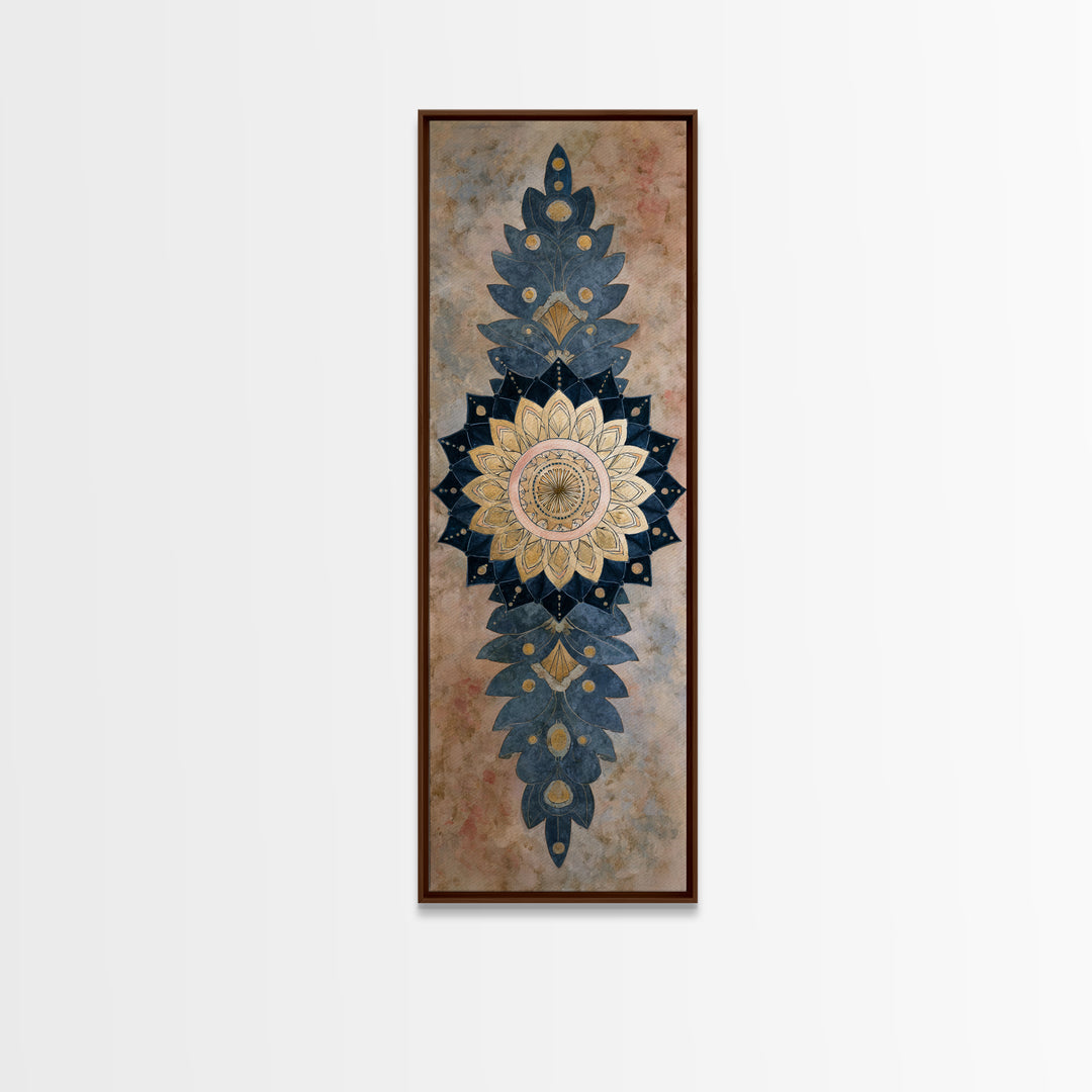 Mandala with Soft Gold and Indigo Symmetry Canvas Print, Meditation Art, Minimalist Decor, Living Room Decor, Stillness, MED-1x3-86