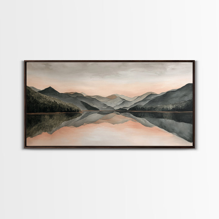 Mountain Lake at Sunrise Framed Canvas Print, Meditation Art, Digital Print, Living Room Decor, Oil Painting, Stillness, MED-2x1-1