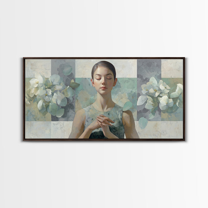 Calm Face Portrait Framed Canvas Print, Meditation Art, Statement Artwork, Living Room Decor, Fine Art, Stillness, Art Deco, MED-2x1-20