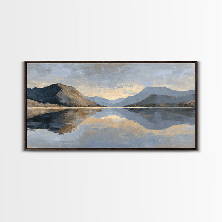 Mountain Lake at Sunrise Framed Canvas Print, Meditation Art, Digital Print, Living Room Decor, Oil Painting, Stillness, MED-2x1-25