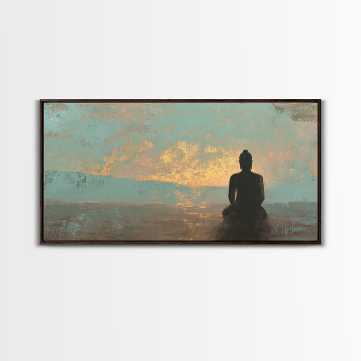 Buddha Silhouette Surrounded by Warm Light Framed Canvas Print, Meditation Art, Boho Wall Decor, Living Room Decor, Stillness, MED-2x1-3