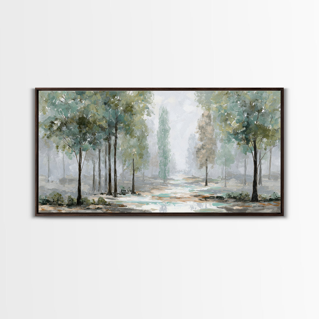 Misty Forest Path Framed Canvas Print, Meditation Art, Art Deco, Living Room Decor, Fine Art, Stillness, Digital Download Art, MED-2x1-33