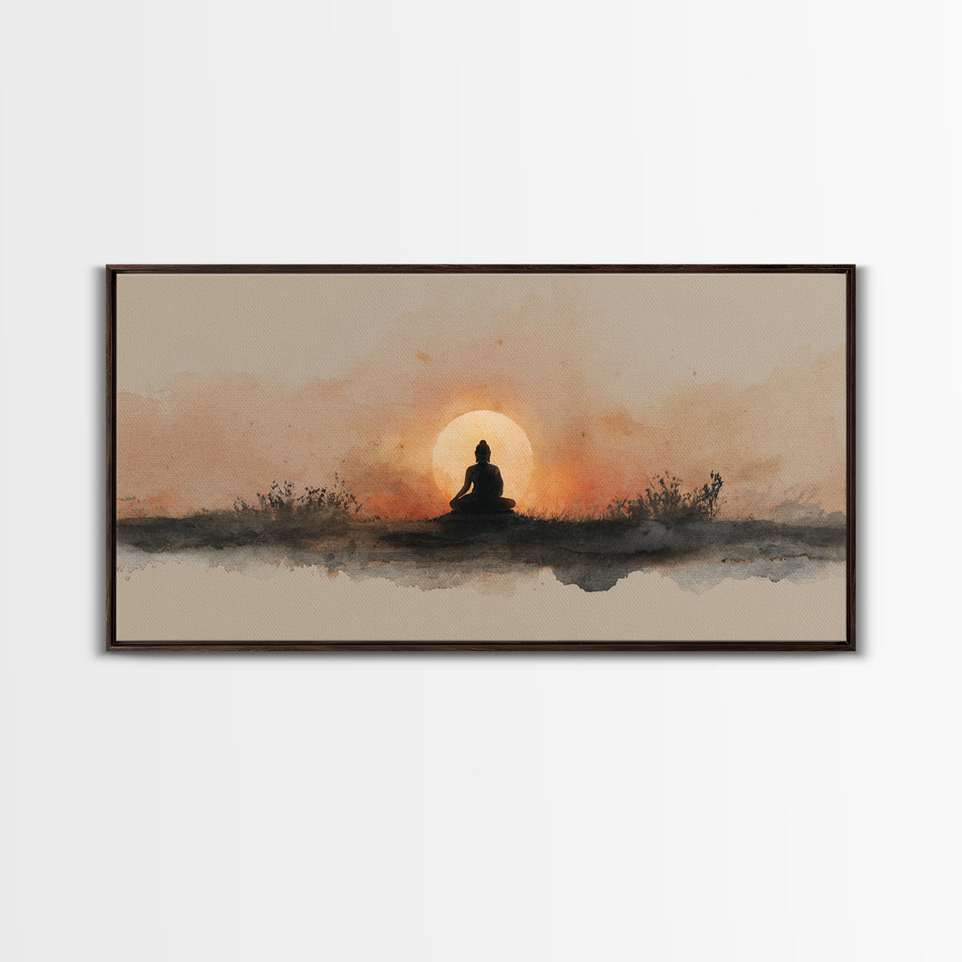 Buddha Silhouette Surrounded by Warm Light Canvas Print, Meditation Art, Gallery Wall Art, Living Room Decor, Stillness, MED-2x1-51