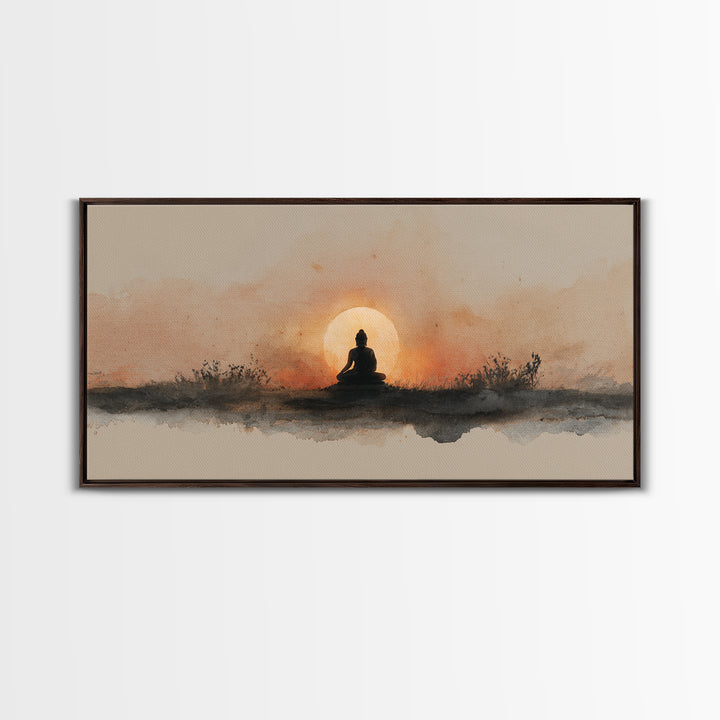 Buddha Silhouette Surrounded by Warm Light Canvas Print, Meditation Art, Gallery Wall Art, Living Room Decor, Stillness, MED-2x1-51