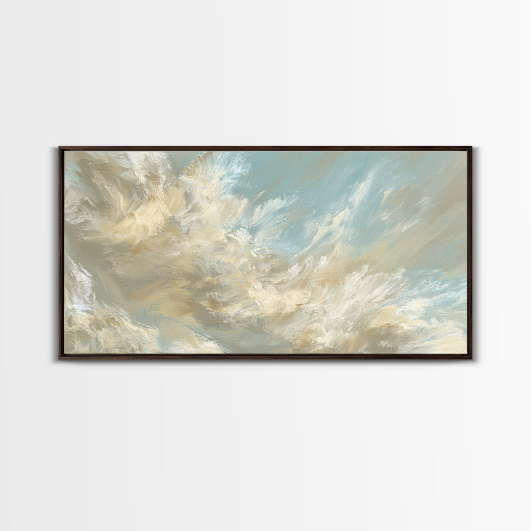 Angelic Light Rays Through Abstract Clouds Framed Canvas Print, Meditation Art, Canvas Art, Living Room Decor, Stillness, MED-2x1-90