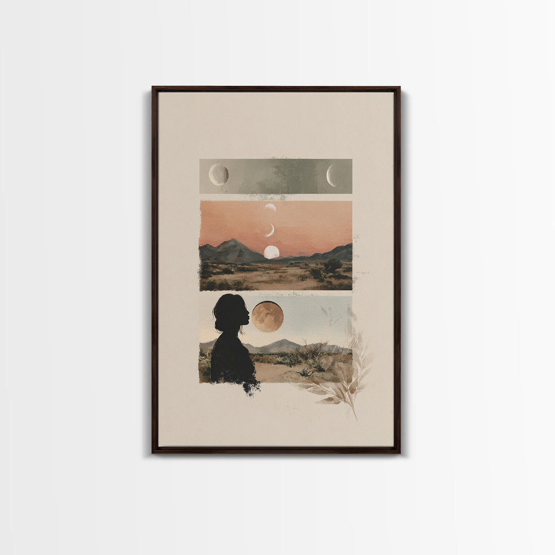 Moon Phases over a Quiet Desert Framed Canvas Print, Meditation Art, Modern Wall Art, Living Room Decor, Fine Art, Stillness, MED-2x3-17