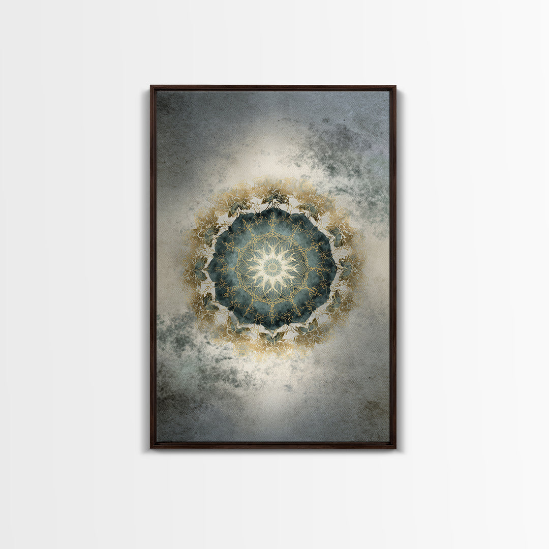 Mandala with Soft Gold and Indigo Symmetry Framed Canvas Print, Meditation Art, Original Art, Living Room Decor, Stillness, MED-2x3-34