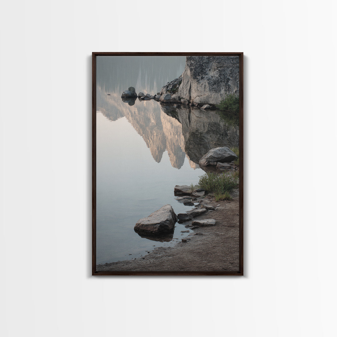 Mountain Lake at Sunrise Framed Canvas Print, Meditation Art, Boho Wall Art, Living Room Decor, Watercolor Art, Stillness, MED-2x3-37