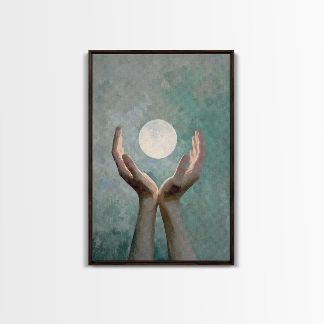 Hands Holding a Tiny Glowing Sun Framed Canvas Print, Meditation Art, Living Room Art, Living Room Decor, Fine Art, Stillness, MED-2x3-68