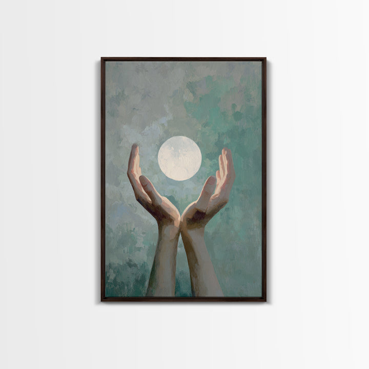 Hands Holding a Tiny Glowing Sun Framed Canvas Print, Meditation Art, Living Room Art, Living Room Decor, Fine Art, Stillness, MED-2x3-68