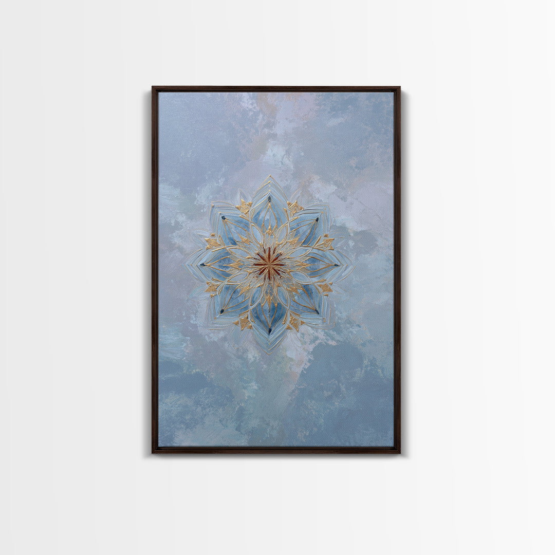 Mandala with Soft Gold and Indigo Symmetry Canvas Print, Meditation Art, Boho Wall Art, Living Room Decor, Fine Art, Stillness, MED-2x3-82