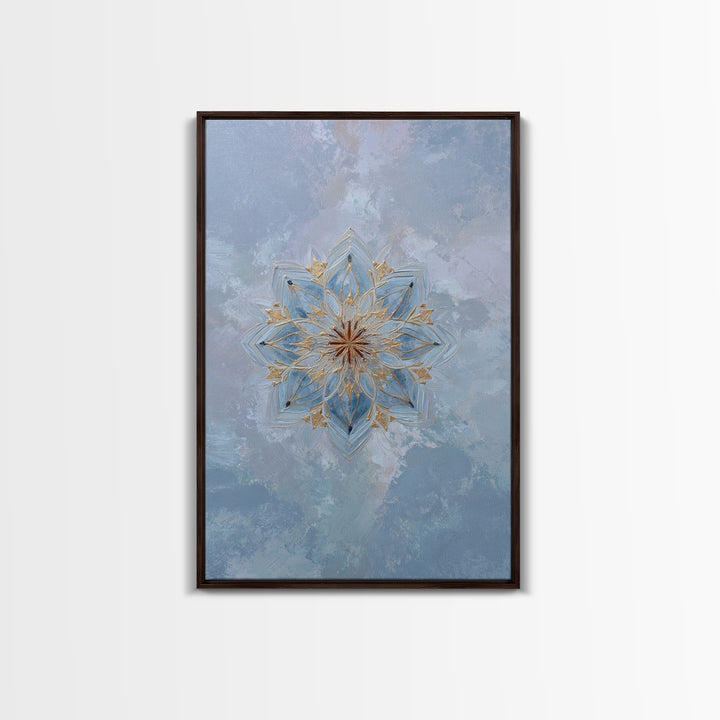 Mandala with Soft Gold and Indigo Symmetry Canvas Print, Meditation Art, Boho Wall Art, Living Room Decor, Fine Art, Stillness, MED-2x3-82