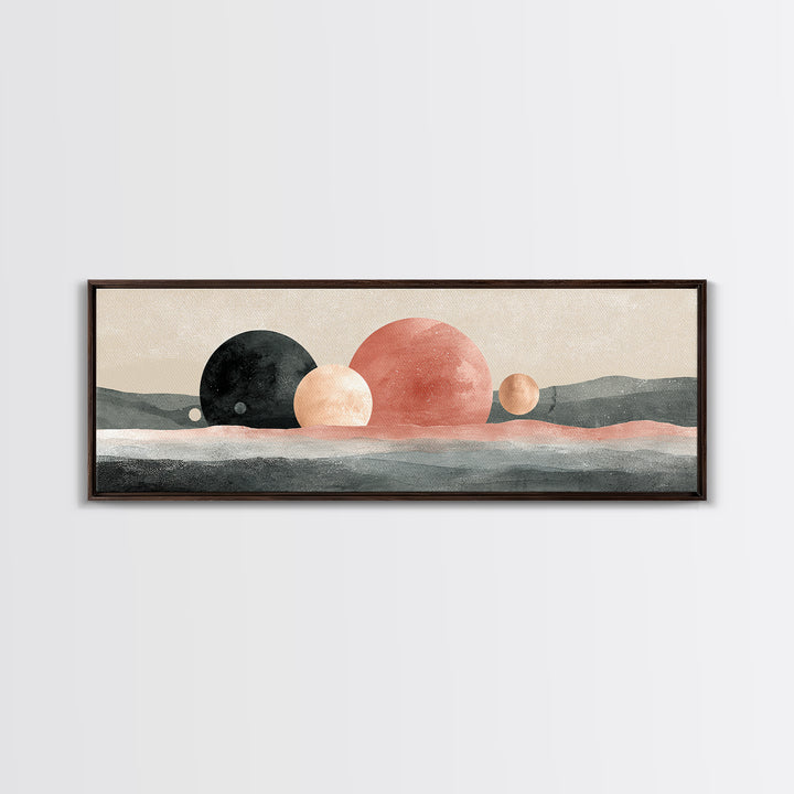 Moon Phases over a Quiet Desert Framed Canvas Print, Meditation Art, Living Room Decor, Watercolor Art, Stillness, MED-3x1-1