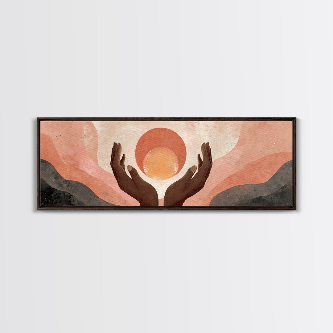 Hands Holding a Tiny Glowing Sun Canvas Print, Meditation Art, Spiritual Wall Art, Living Room Decor, Watercolor Art, Stillness, MED-3x1-4