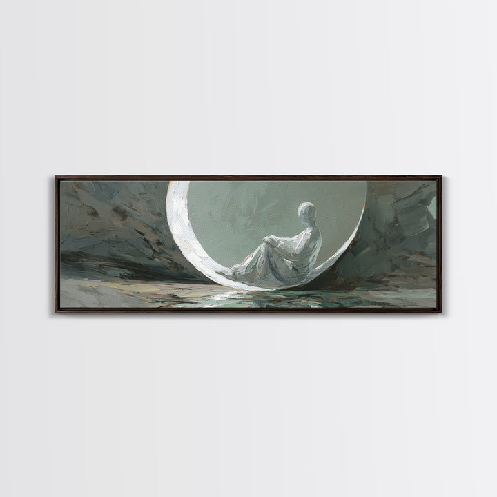 Single Seated Figure Beneath a Crescent Moon Canvas Print, Meditation Art, Abstract Art, Living Room Decor, Fine Art, Stillness, MED-3x1-43