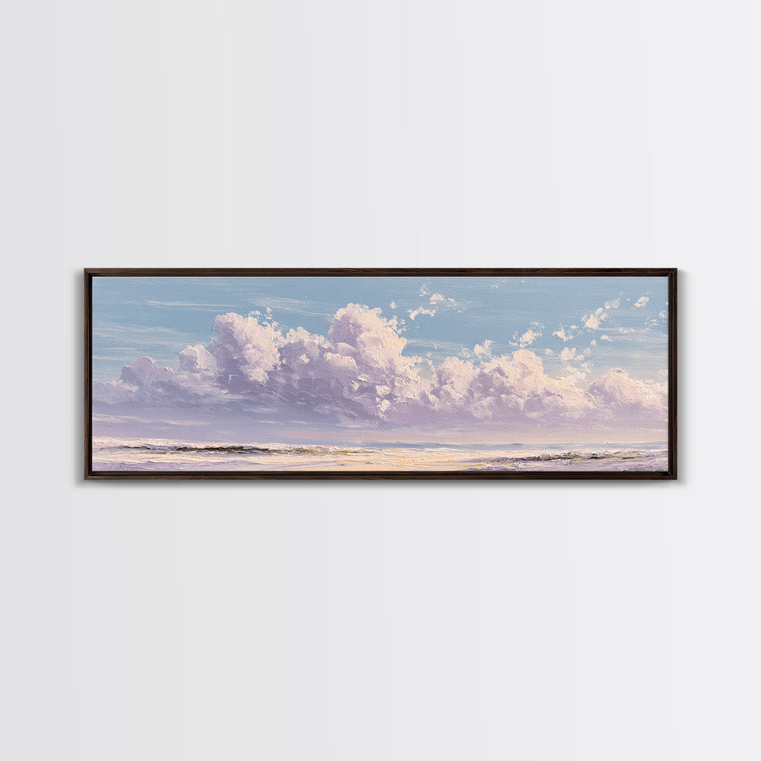 Gentle Cloudscape in Lavender and Cream Framed Canvas Print, Meditation Art, Art Deco, Living Room Decor, Fine Art, Stillness, MED-3x1-59