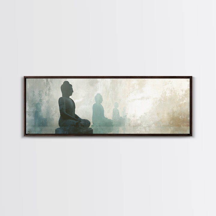 Buddha Silhouette Surrounded by Warm Light Canvas Print, Meditation Art, Boho Wall Decor, Living Room Decor, Stillness, MED-3x1-71