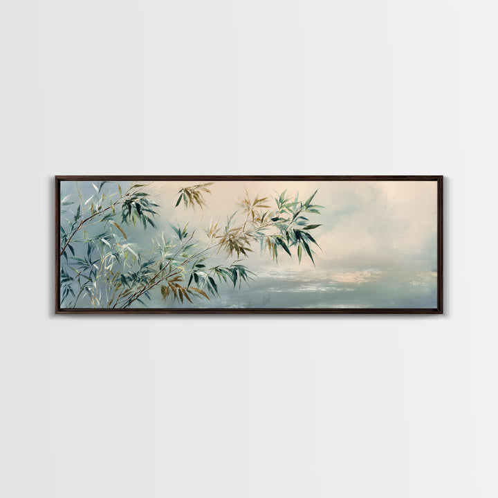 Bamboo Leaves in Gentle Ink Wash Canvas Print, Meditation Art, Floral Wall Art, Living Room Decor, Fine Art, Stillness, MED-3x1-75