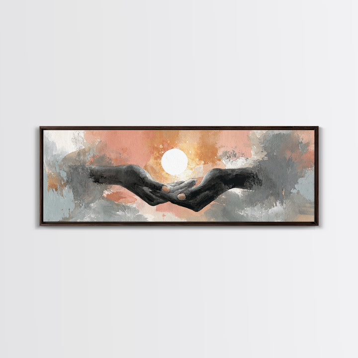Hands Holding a Tiny Glowing Sun Canvas Print, Meditation Art, Digital Wall Art, Living Room Decor, Fine Art, Stillness, MED-3x1-76