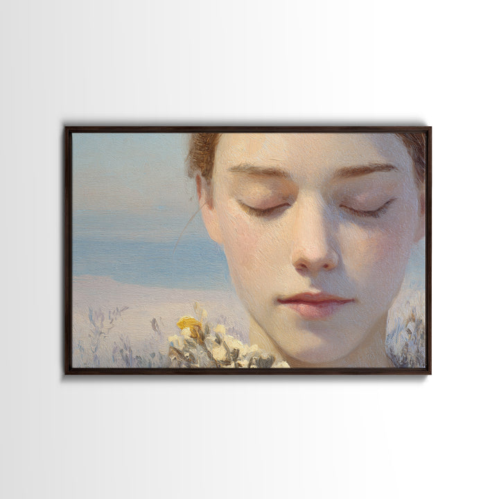 Calm Face Portrait Framed Canvas Print, Meditation Art, Contemporary Art, Living Room Decor, Fine Art, Stillness, Modern Decor, MED-3x2-28
