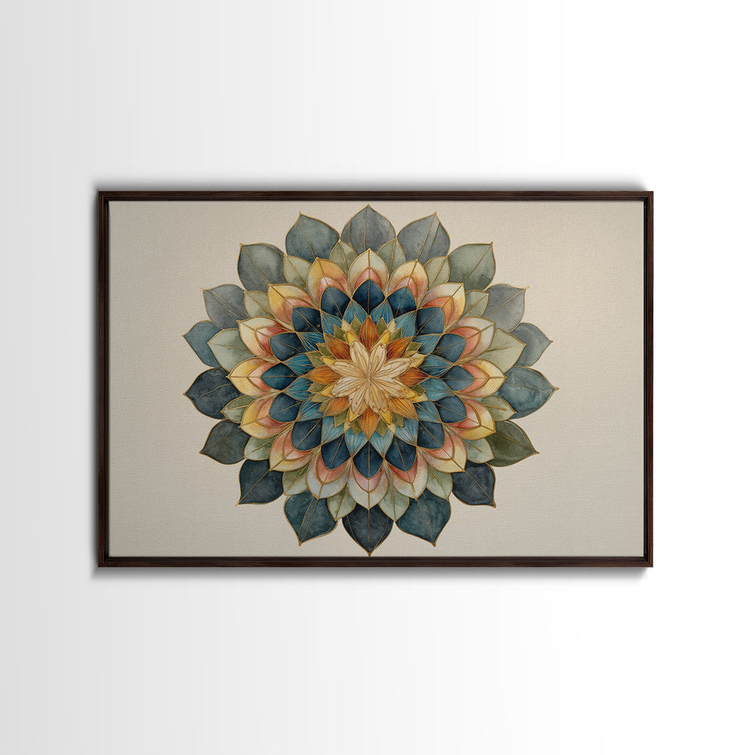 Mandala with Soft Gold and Indigo Symmetry Canvas Print, Meditation Art, Zen Wall Art, Living Room Decor, Fine Art, Stillness, MED-3x2-30