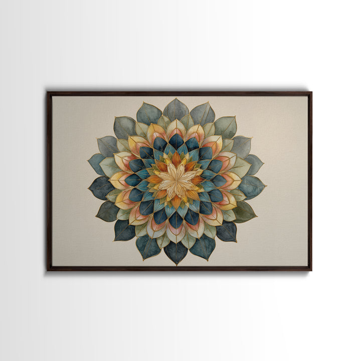 Mandala with Soft Gold and Indigo Symmetry Canvas Print, Meditation Art, Zen Wall Art, Living Room Decor, Fine Art, Stillness, MED-3x2-30