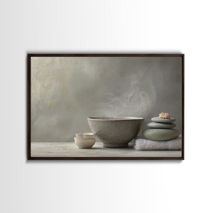Tea Bowl and Steam Canvas Print, Meditation Art, Neutral Decor, Living Room Decor, Fine Art, Stillness, Home Decor, Wall Decor, MED-3x2-49