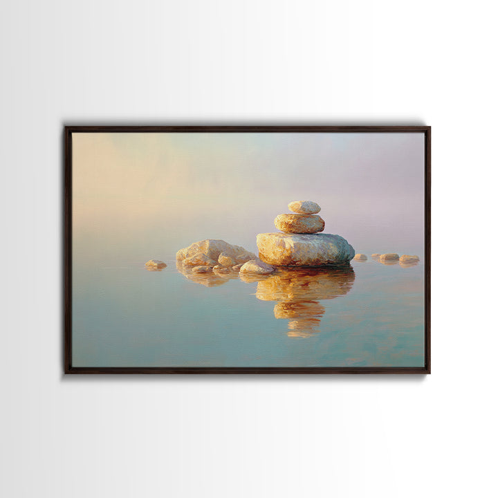 Floating Stones Balanced Above Calm Water Framed Canvas Print, Meditation Art, Room Decor, Living Room Decor, Stillness, MED-3x2-60