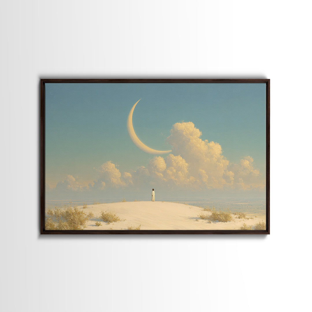 Single Seated Figure Beneath a Crescent Moon Canvas Print, Meditation Art, Modern Wall Art, Living Room Decor, Stillness, MED-3x2-7