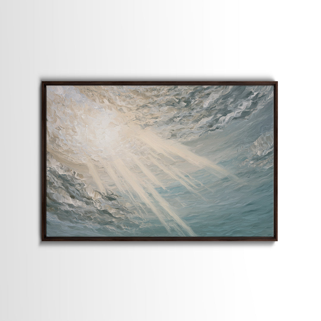 Angelic Light Rays Through Abstract Clouds Framed Canvas Print, Meditation Art, Minimalist Art, Living Room Decor, Stillness, MED-3x2-74