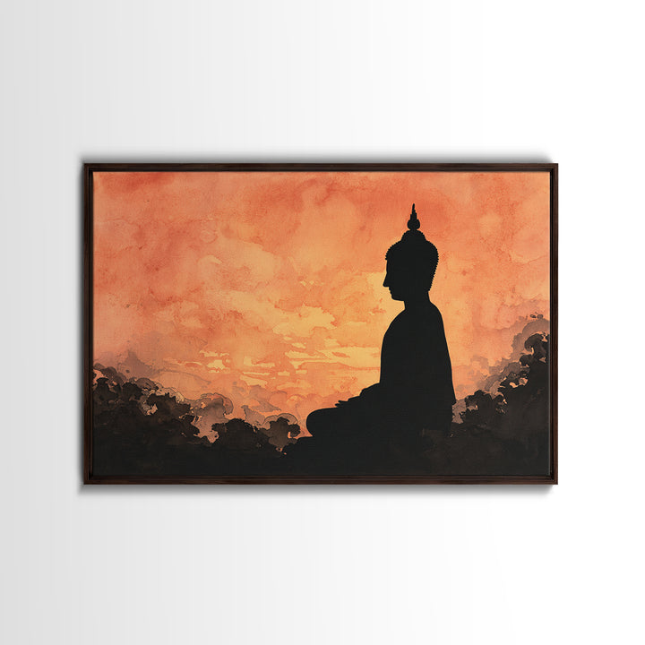 Buddha Silhouette Surrounded by Warm Light Canvas Print, Meditation Art, Boho Wall Decor, Living Room Decor, Stillness, MED-3x2-83