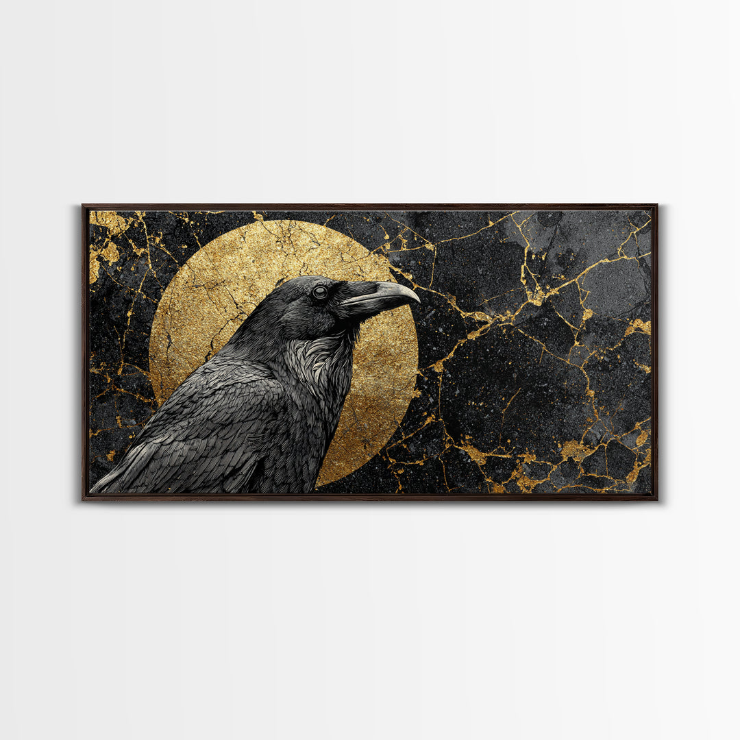 Raven Gold Canvas Print, Dark Bird Art With Lunar Circle Design, Real Wood Frame Wall Décor, Mystical Gothic Nature Artwork