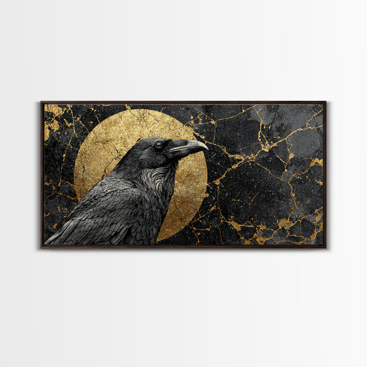 Raven Gold Canvas Print, Dark Bird Art With Lunar Circle Design, Real Wood Frame Wall Décor, Mystical Gothic Nature Artwork