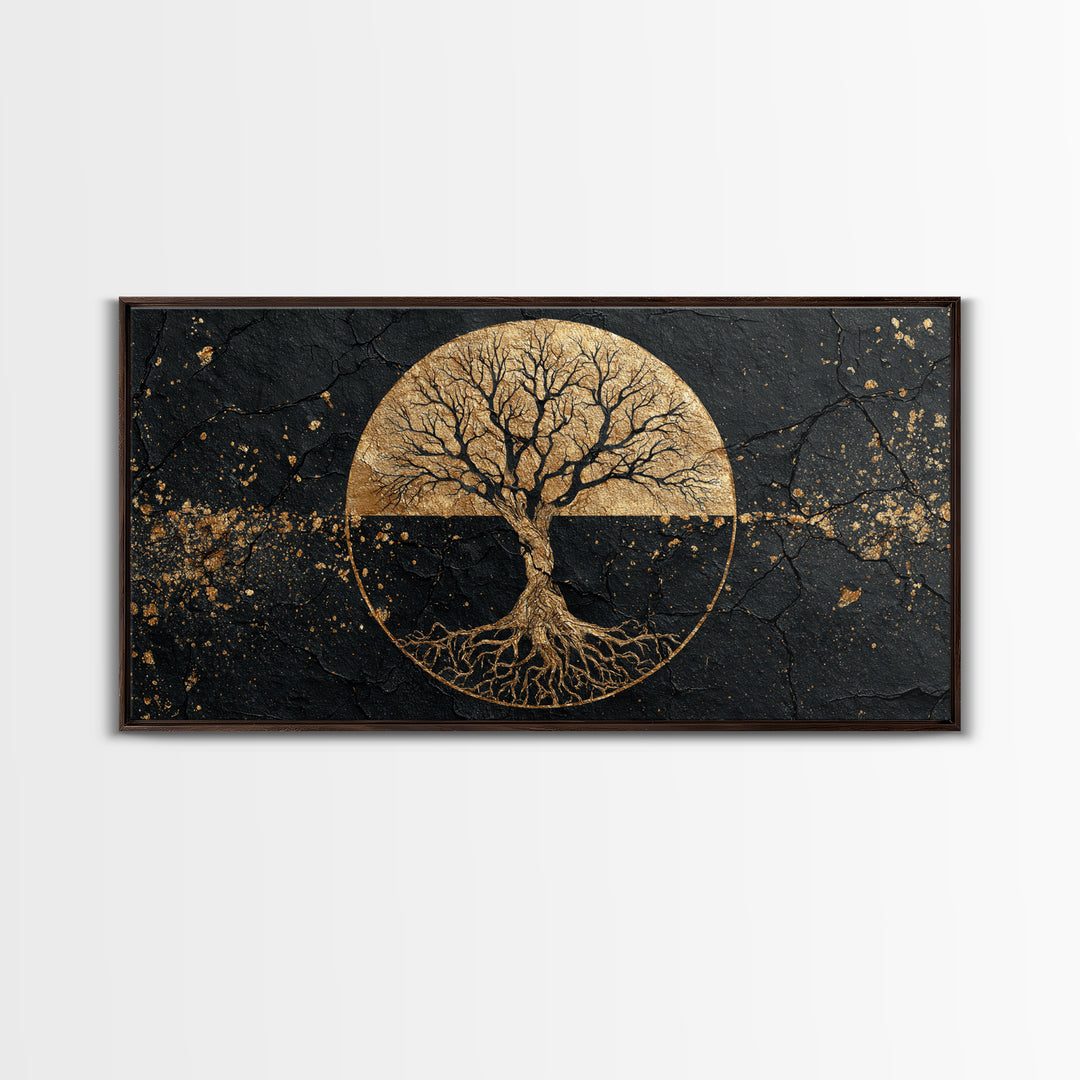 Mystical Roots Tree Gold Canvas Art, Sacred Nature Symbol Canvas Print, Real Wood Frame Wall Décor, Spiritual Mythical Decorative Artwork