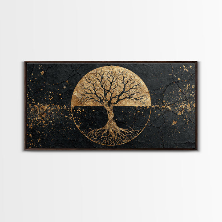 Mystical Roots Tree Gold Canvas Art, Sacred Nature Symbol Canvas Print, Real Wood Frame Wall Décor, Spiritual Mythical Decorative Artwork