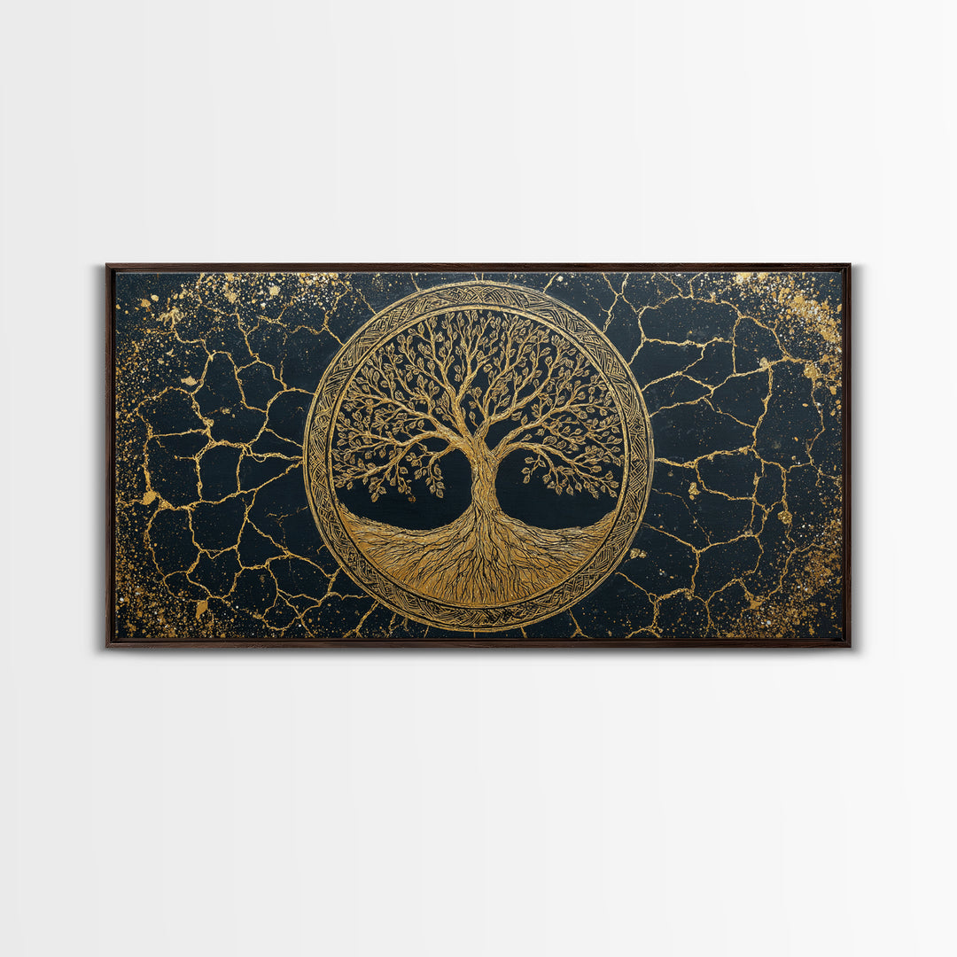 Tree Of Life Circle Gold Canvas Print, Sacred Geometry Wall Art, Norse Yggdrasil Artwork, Real Wood Frame Decor