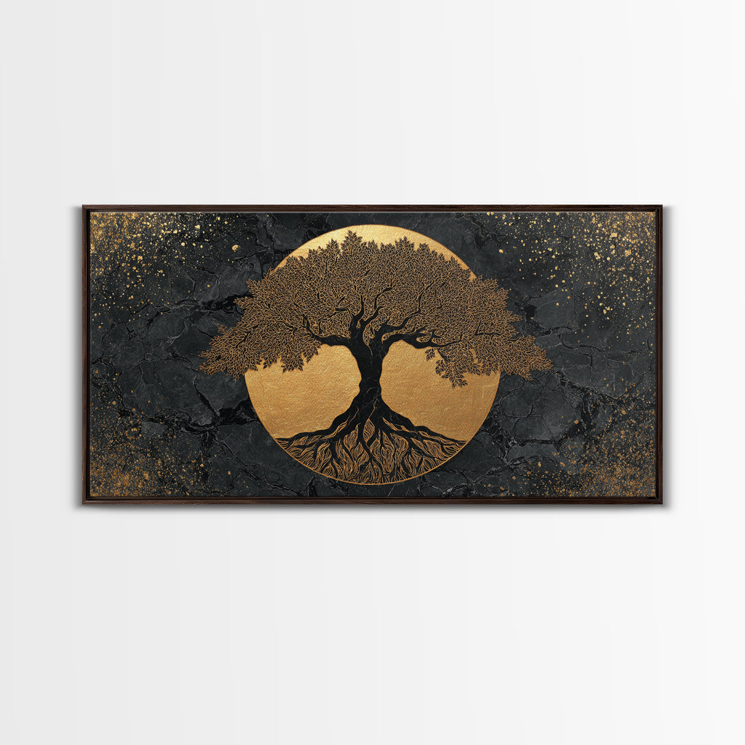 Elegant Tree Of Life Gold Canvas Print, Modern Sacred Geometry Wall Art, Mystical Symbol Artwork, Real Wood Frame Decor